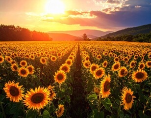Fototapeta premium Sunflower fields bathed in golden sunlight create a stunning agricultural landscape near the mountains