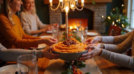 Festive autumn dinner with caucasian female adults sharing sweet potato dish