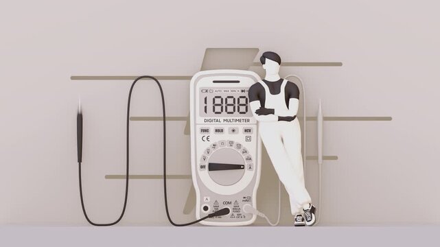 3D illustration of electrical technician using digital multimeter for voltage testing, representing electricity, circuit diagnostics, technology, engineering, energy efficiency, repair, and electrical