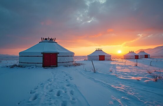 Scenic winter photo of Mongolian yurts at sunset. Snow covers landscape. Traditional round tents stand. Red doors contrast with white canvas. Orange sun sets over mountains.
