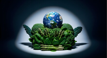 A powerful concept for Earth Day. Planet Earth sits on a throne of fresh green vegetables (broccoli, asparagus) under a dramatic spotlight. A call for global health and sustainability.