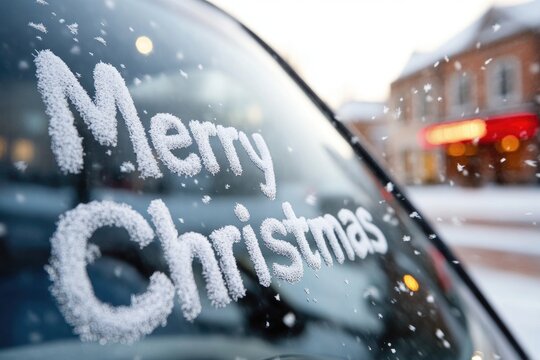 Frosty christmas greeting on car window with snowflakes in winter urban setting