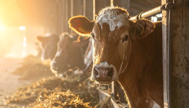 Cows in a barn, sunlight streaming, focus on a brown and white cow
