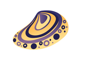 Yellow and purple shell with concentric spiral bands and decorative dots. Contrasting combination of warm and cool tones. Abstract geometric ornamental pattern. Vector illustration on white