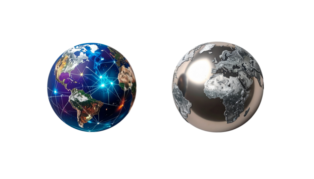 Modern digital world globe and metallic decorative world globe isolated on transparent background