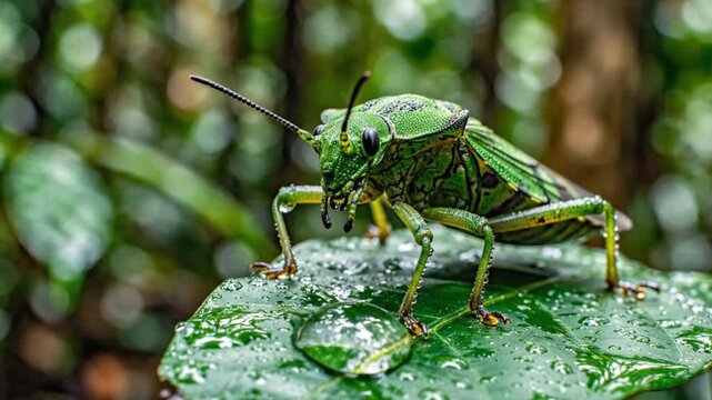 Detailed Macro Shot of a Green Stink Bug on a Wet Leaf.