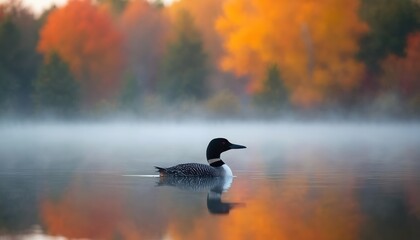Solitary common loon swims on misty lake at sunrise. Autumn trees with bright orange and yellow foliage form backdrop. Water reflects colorful fall scenery and morning fog. Bird watches calmly.