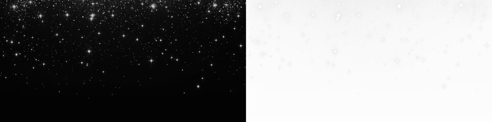 Black and white PNG overlay featuring sparkling stars on a dark background and soft bokeh effect on a light background, perfect for creative design projects and visual storytelling