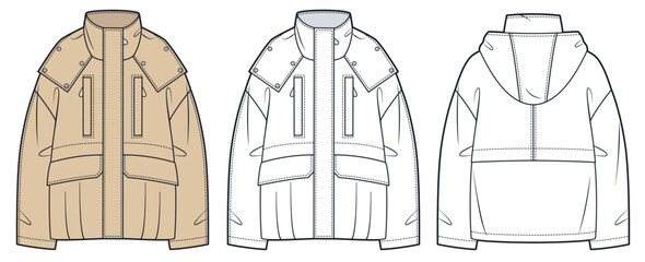 Utility Jacket with Hood Fashion Flat Sketch. Parka Coat fashion flat technical drawing template, front and back view, white, beige, women, men, unisex CAD mockup set. © Liubov Hladka