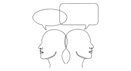 Communication concept represented by one continuous line drawing of two faces and two speech bubbles