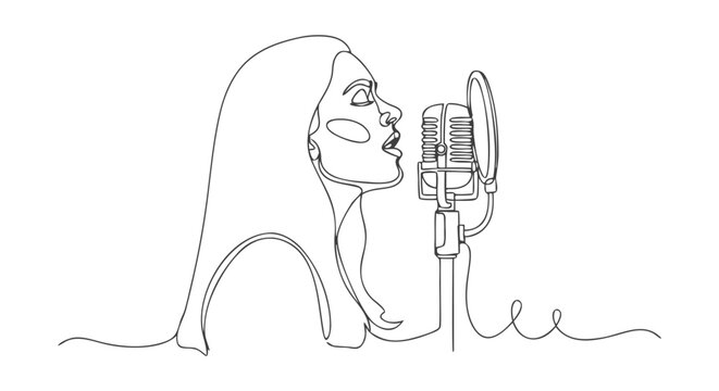 A captivating one continuous line illustration of a female vocalist performing with a vintage microphone, embodying musical passion and creative energy, ideal for graphic design and media projects