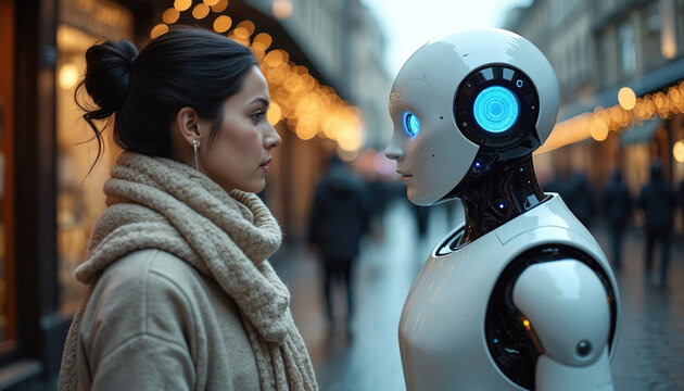 Woman meets ai robot on city street. Female talks with android in urban scape. Concept of future tech, ai, robotic. Human faces digital machine. People walking on street at background.