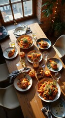 Fototapeta premium Cozy autumn dinner table with seasonal dishes and decorative mini pumpkins by the window