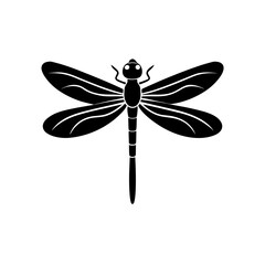 Black silhouette of a simple dragonfly on transparent background