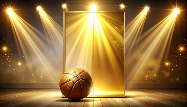 Basketball centered on a wooden stage, framed by golden light, and focused on an empty rectangular space, lit with spotlight beams