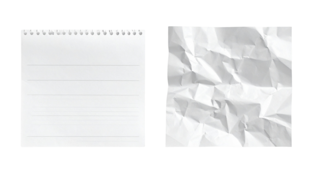 Crumpled paper and torn notebook paper isolated on transparent background
