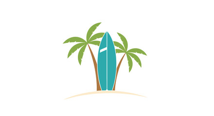 Tropical Beach Scene with Surfboard and Palm Trees Vector Illustration