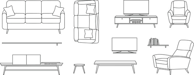 Black and white line drawing illustration of modern living room furniture including sofa, armchairs, tables, TV units, and shelves
