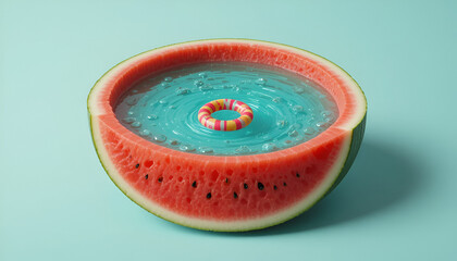 surreal food art showing a watermelon slice transformed into a pool with tiny float ring,