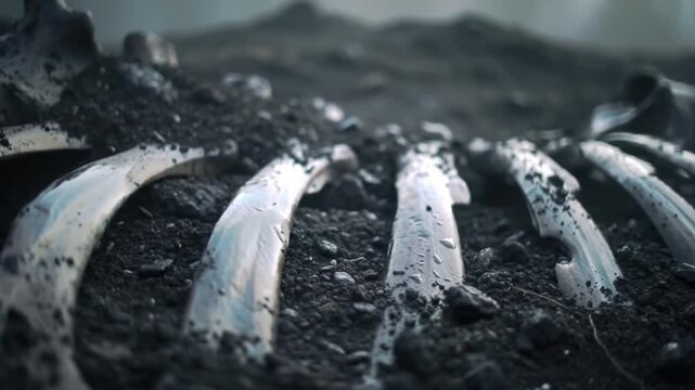 A close-up shot revealing a skeletal structure buried in dark earth