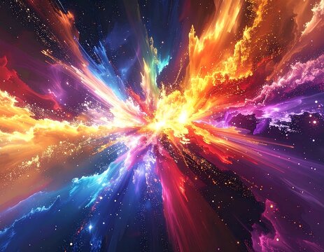 An explosion of vibrant colors, ranging from red and orange to purple and blue, radiating from a bright center, resembling a cosmic event