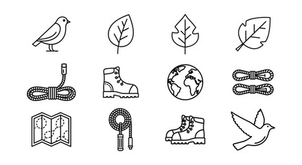 Adventure themed design elements featuring bird, map, globe, boots, and rope icons, perfect for travel or outdoor exploration.