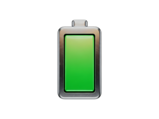 Green battery icon showing full charge isolated on transparent background