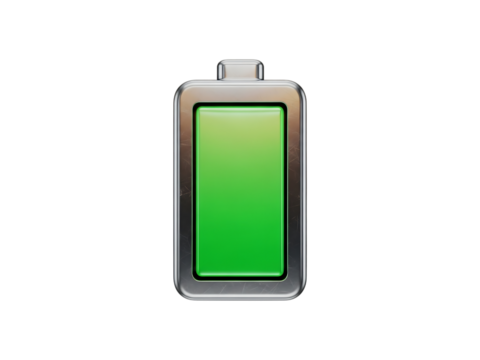 Green battery icon showing full charge isolated on transparent background