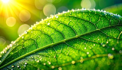 A vibrant green leaf, detailed with visible veins and glistening water droplets, is bathed in warm sunlight creating bokeh effects.