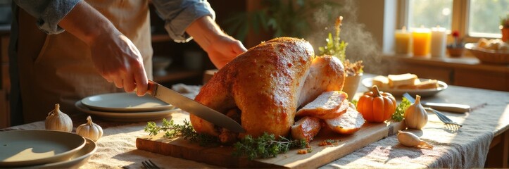 Caucasian male carving roast turkey on rustic thanksgiving table setting