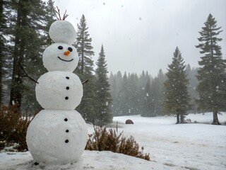 Charming snowman stands tall in a snowy forest landscape during a winter snowfall creating a whimsical and festive holiday scene