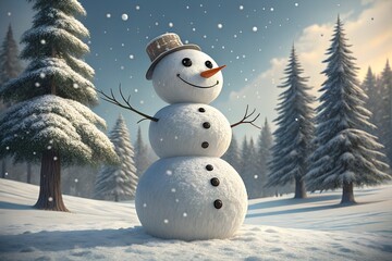 Cheerful snowman with a hat standing in a snowy winter landscape with pine trees and falling snow on a bright sunny day outdoors