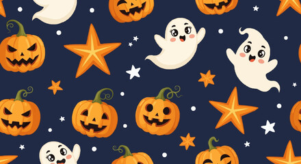 Fototapeta premium Halloween seamless pattern featuring smiling pumpkins, cute ghosts