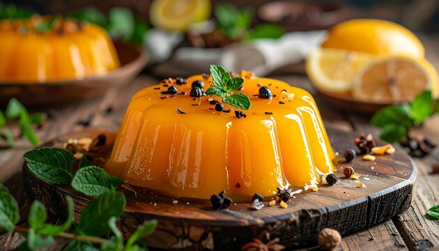 Appetizing close-up of a floral-shaped, bright yellow dessert with chocolate sprinkles and mint on a wooden board. Fresh lemons and herbs surround the dish