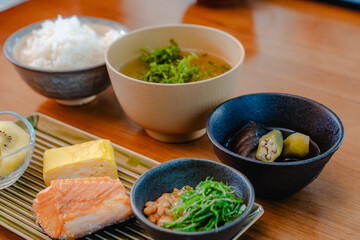 Japanese breakfast with grilled salmon and miso soup
