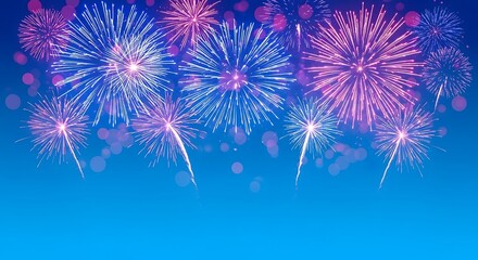 Fototapeta premium Vibrant fireworks bursting in shades of purple, pink, and blue against a clear night sky. The image captures the beauty and excitement of celebrations such as New Year’s Eve, Diwali, Independence Day,