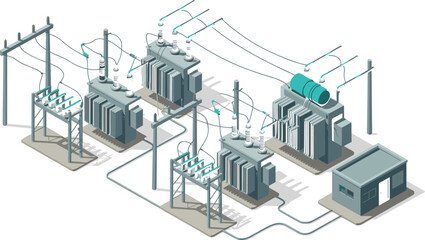 Isometric illustration of electrical power substation with transformers, high voltage lines, utility poles and distribution network system for energy infrastructure