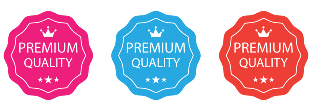  premium quality round grunge sign. Accreditation icon vector collection. Premium quality label badge with crown and stars. 