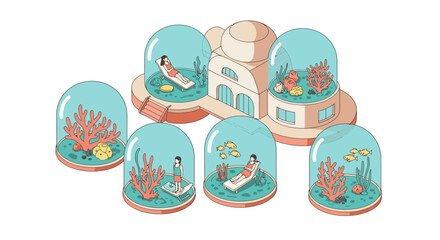 Isometric underwater eco dome with people and coral ecosystem inside glass enclosures