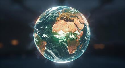 Realistic 3D Earth globe with glowing atmospheric energy effect.
A realistic and detailed 3D rendering of the planet Earth, dramatically centered in the frame with Africa