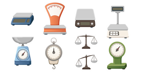 Weighing scale collection set. Kitchen, commercial, and balance scales. Digital displays and analog dials. Blue, green, orange models with platforms. Measurement equipment. Vector illustration