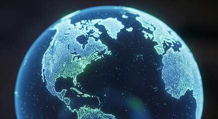 Detailed close-up of a digital glowing Earth focused on Americas.
An extreme close-up, high-detail shot of a digital, three-dimensional representation of the Earth, prominently featuring North