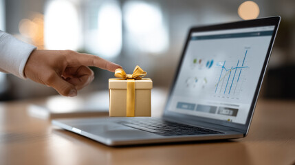 Businessman hand touching golden gift box on laptop keyboard, online reward, digital bonus, workplace, modern office, success