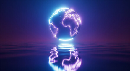 Futuristic glowing neon wireframe Earth over reflective liquid surface.
A stunning 3D rendered image of the planet Earth, represented as a vibrant, glowing neon wireframe globe