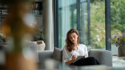 Young caucasian female writing in journal on sofa by large window