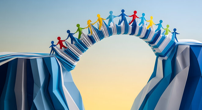 Colorful paper people bridge connecting two origami cliffs against a gradient sky background