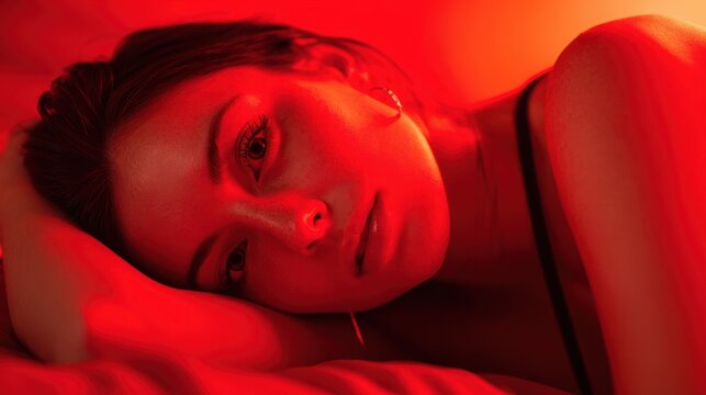 Young caucasian female in red light with pensive expression lying on bed
