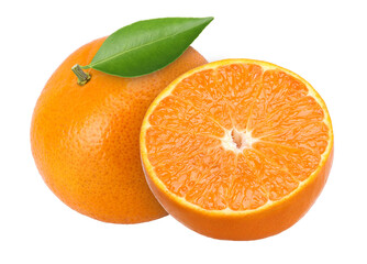 Close-up, Orange fruit with leaves (Mandarin orange) and half isolated, transparent PNG, PNG format, cut out