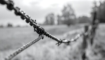 Black and white close-up of a metal chain fence, with blurry background. Grass, trees, and a cloudy sky create a tranquil rural scene. Perspective makes the fence appear to extend