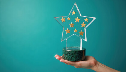 Crystal star award trophy on hand. Star prize for success achievement on blue background. Winner celebration concept. Rating, accomplishment and gratitude. High quality honed award.